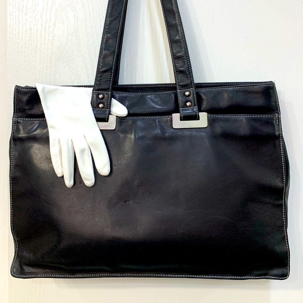 Perlina Tote Briefcase Black Leather Tablet Laptop Bag